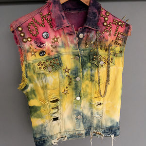 One Of A KInd Denim Tie Dye Punk Rock Jacket Vest
